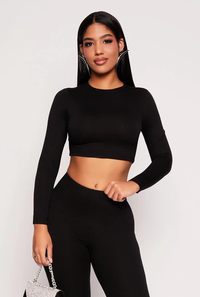 Womens Soft Knit Crew Neck Crop Top, Black, Size XL