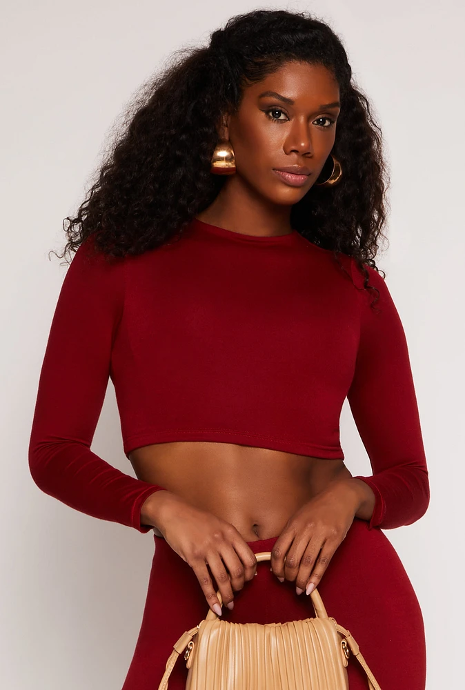 Womens Soft Knit Crew Neck Crop Top, Burgundy, Size L