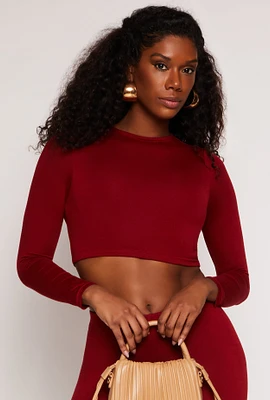 Womens Soft Knit Crew Neck Crop Top, Burgundy, Size L