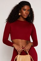 Womens Soft Knit Crew Neck Crop Top, Burgundy, Size L