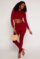 Womens Soft Knit Crew Neck Crop Top, Burgundy, Size L
