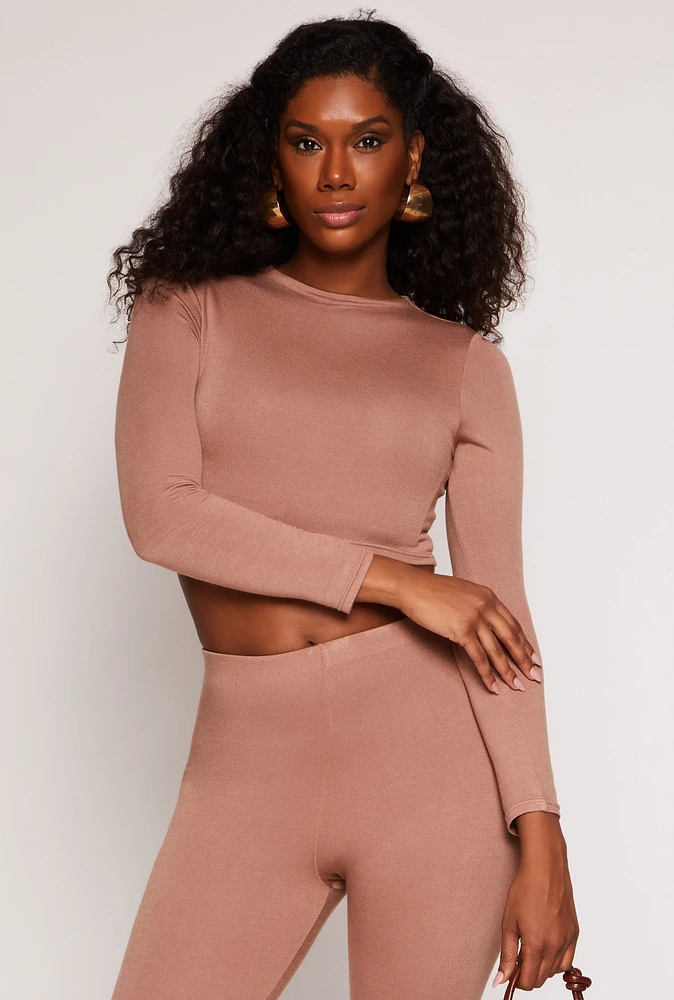 Womens Soft Knit Crew Neck Crop Top, Brown, Size S
