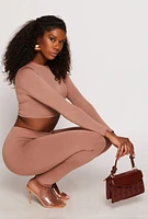 Womens Soft Knit Crew Neck Crop Top, Brown, Size S