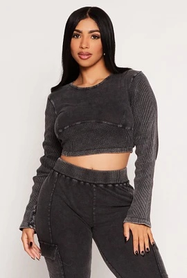 Womens Ribbed Knit Acid Wash Crop Top, Black, Size XL