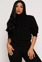 Womens Cable Knit Turtleneck Cropped Sweater, Black, Size S