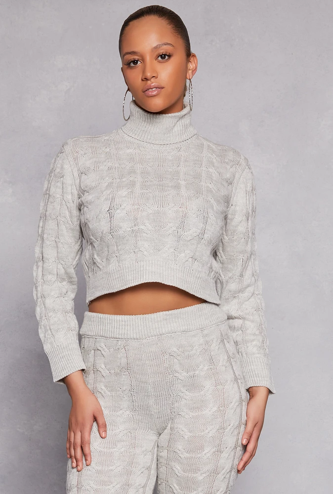 Womens Cable Knit Turtleneck Cropped Sweater, Grey,