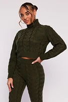 Womens Cable Knit Turtleneck Cropped Sweater, Green,