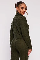 Womens Cable Knit Turtleneck Cropped Sweater, Green,