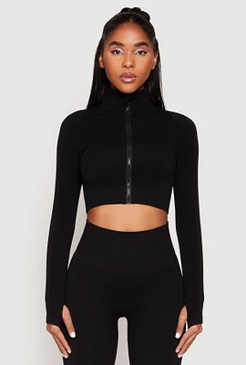 Womens Compression Rib Mock Neck Track Jacket, Black, Size S-M