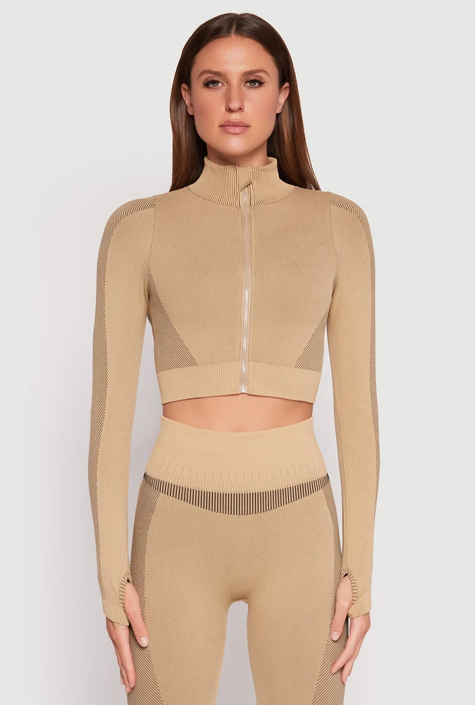 Womens Compression Rib Mock Neck Track Jacket, Beige, Size S-M