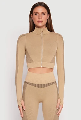 Womens Compression Rib Mock Neck Track Jacket, Beige, Size S-M