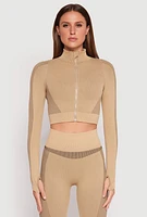 Womens Compression Rib Mock Neck Track Jacket, Beige, Size S-M