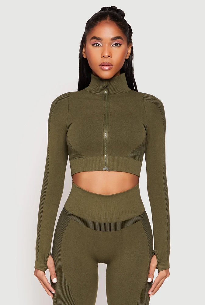 Womens Compression Rib Mock Neck Track Jacket, Green, Size S-M