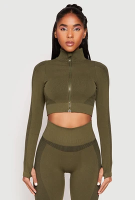 Womens Compression Rib Mock Neck Track Jacket, Green, Size S-M