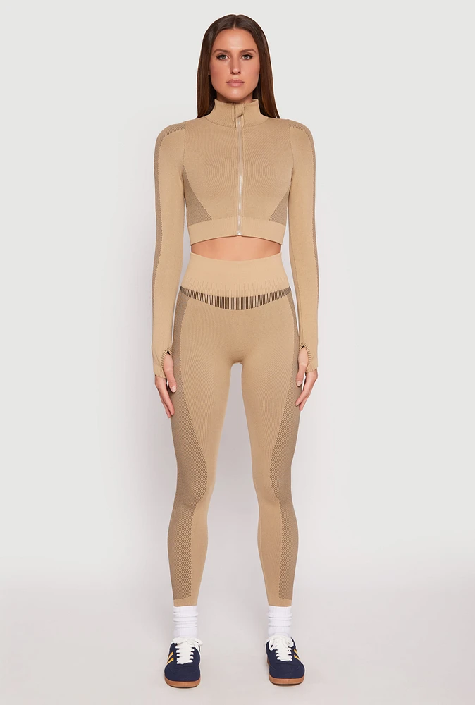 Womens Seamless Compression Rib Leggings, Khaki, Size L-XL