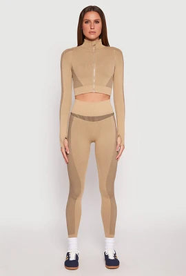 Womens Seamless Compression Rib Leggings, Khaki, Size L-XL