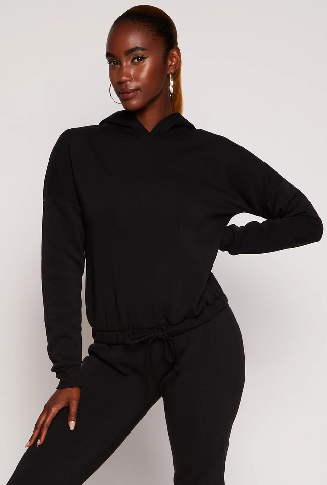 Womens Drawstring Hem Pullover Hoodie, Black, Size S