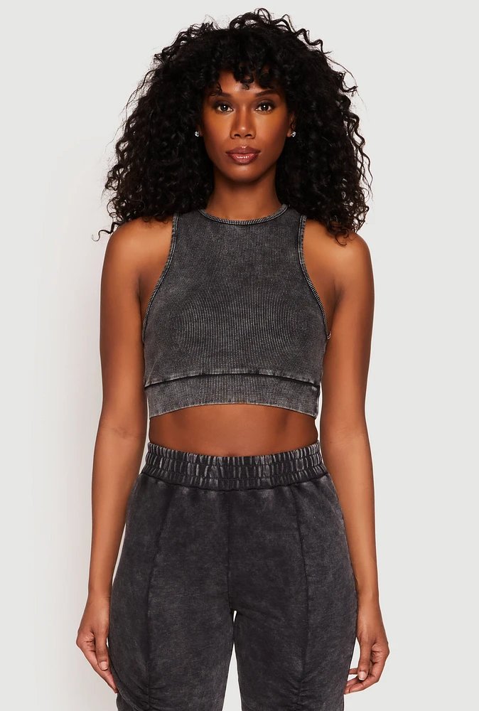 Womens Ribbed Knit Acid Wash Racerback Crop Top, Grey, Size XL