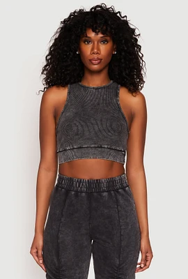 Womens Ribbed Knit Acid Wash Racerback Crop Top, Grey, Size XL