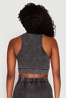 Womens Ribbed Knit Acid Wash Racerback Crop Top, Black, Size L