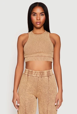 Womens Ribbed Knit Acid Wash Racerback Crop Top,