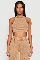 Womens Ribbed Knit Acid Wash Racerback Crop Top,