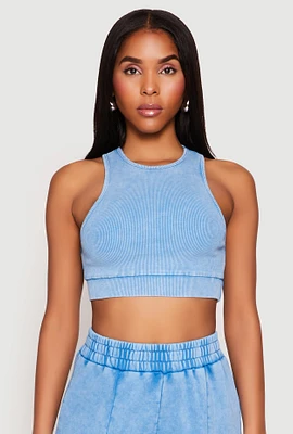Womens Ribbed Knit Acid Wash Racerback Crop Top, Blue,