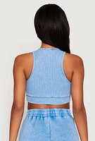 Womens Ribbed Knit Acid Wash Racerback Crop Top, Blue,