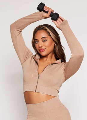 Womens Compression Rib Seamless Track Jacket, Beige,