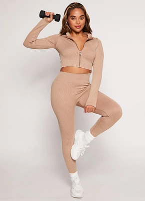 Womens Compression Rib Seamless Leggings, Beige, Size S-M