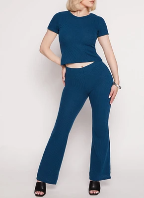 Womens Ribbed Knit Flared Pants, Blue, Size XL