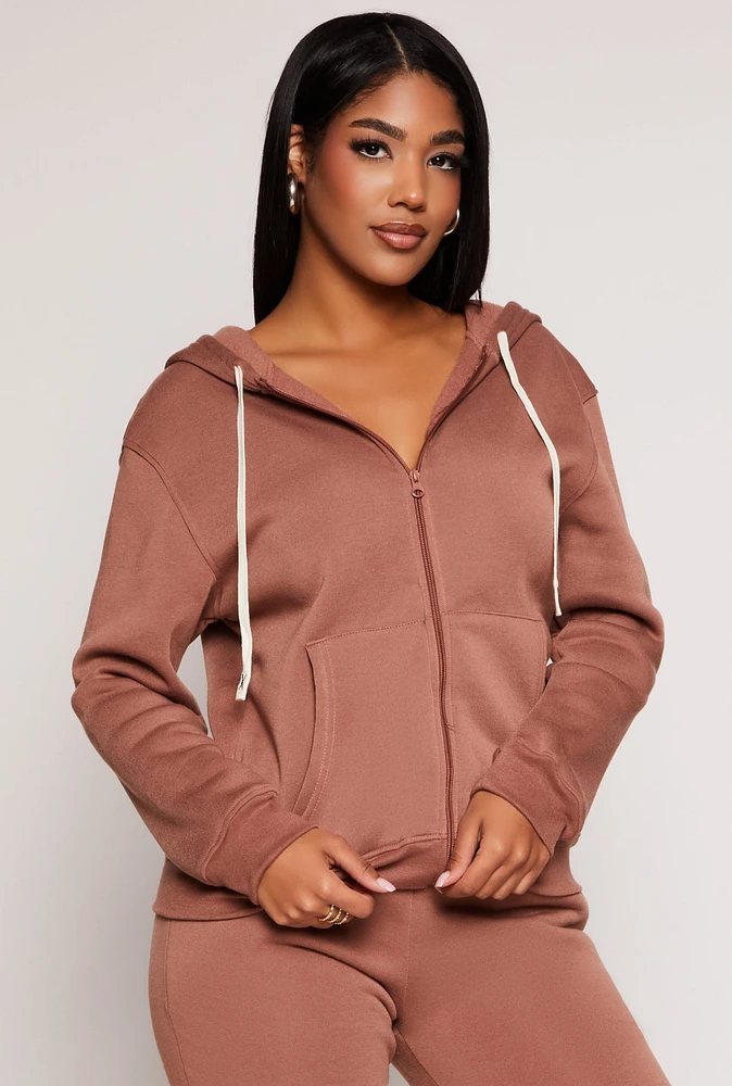 Womens Zip Front Hooded Sweatshirt, Brown, Size M