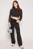 Womens Acid Wash Cargo Wide Leg Sweatpants, Black, Size M