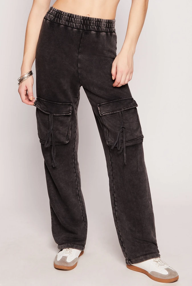 Womens Acid Wash Cargo Wide Leg Sweatpants, Black, Size L