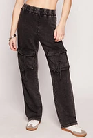 Womens Acid Wash Cargo Wide Leg Sweatpants, Black, Size M