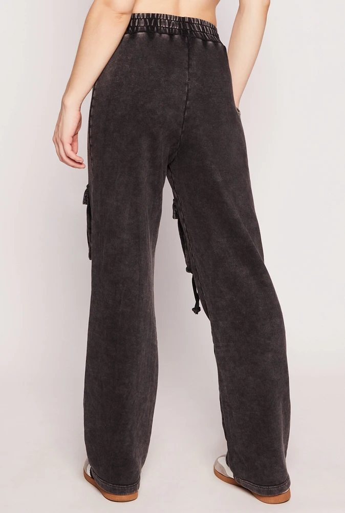 Womens Acid Wash Cargo Wide Leg Sweatpants, Black, Size L