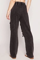 Womens Acid Wash Cargo Wide Leg Sweatpants, Black, Size M