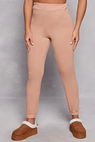 Womens Fleece High Waisted Pull On Sweatpants, Khaki, Size L