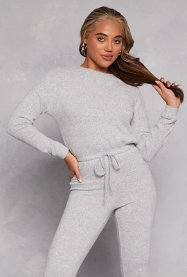 Womens Fleece Drawstring Hem Pullover Sweatshirt, Grey,