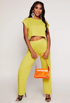Womens Brushed Knit High Waisted Wide Leg Pants, Green,