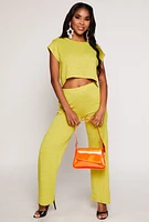 Womens Brushed Knit High Waisted Wide Leg Pants, Green,