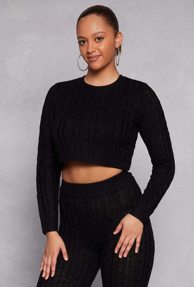 Womens Cable Knit Cropped Pullover Sweater, Black, Size L