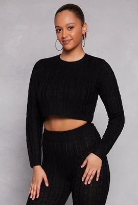 Womens Cable Knit Cropped Pullover Sweater, Black, Size L
