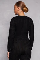 Womens Cable Knit Cropped Pullover Sweater, Black, Size L