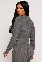 Womens Cable Knit Cropped Pullover Sweater, Grey, Size S