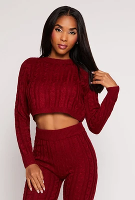 Womens Cable Knit Cropped Pullover Sweater, Burgundy,