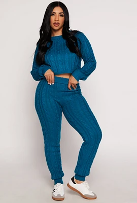 Womens Cable Knit High Waisted Joggers, Blue, Size S