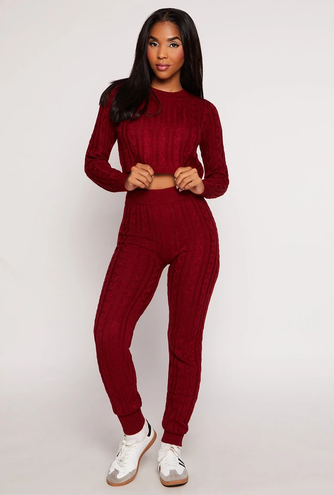 Womens Cable Knit High Waisted Joggers, Burgundy, Size L