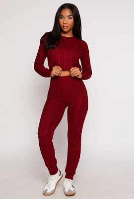 Womens Cable Knit High Waisted Joggers, Burgundy, Size L