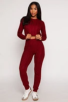 Womens Cable Knit High Waisted Joggers, Burgundy, Size L